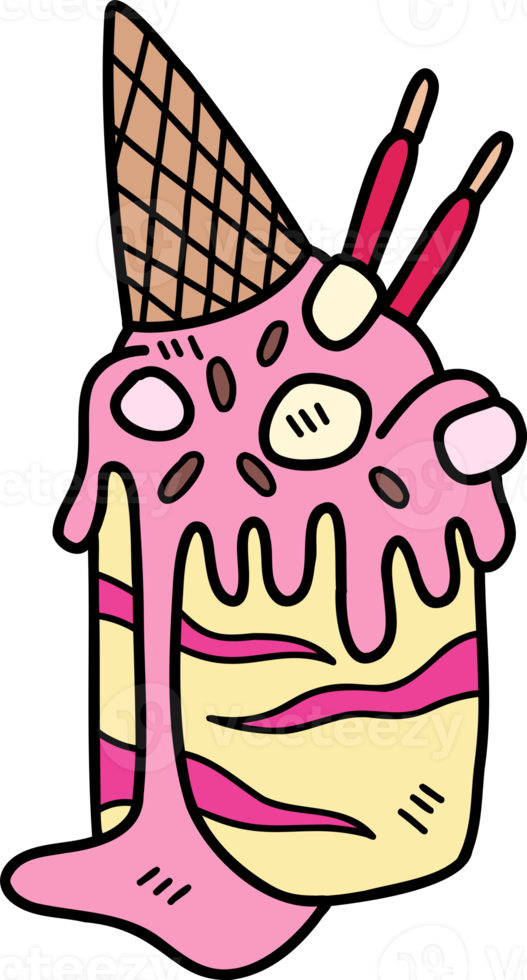 Hand Drawn Strawberry ice cream melted with cone illustration png