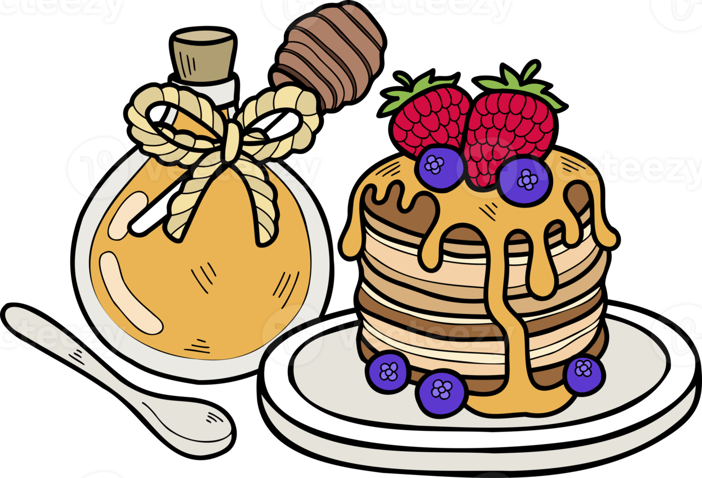 Hand Drawn Pancakes with honey and strawberries illustration png