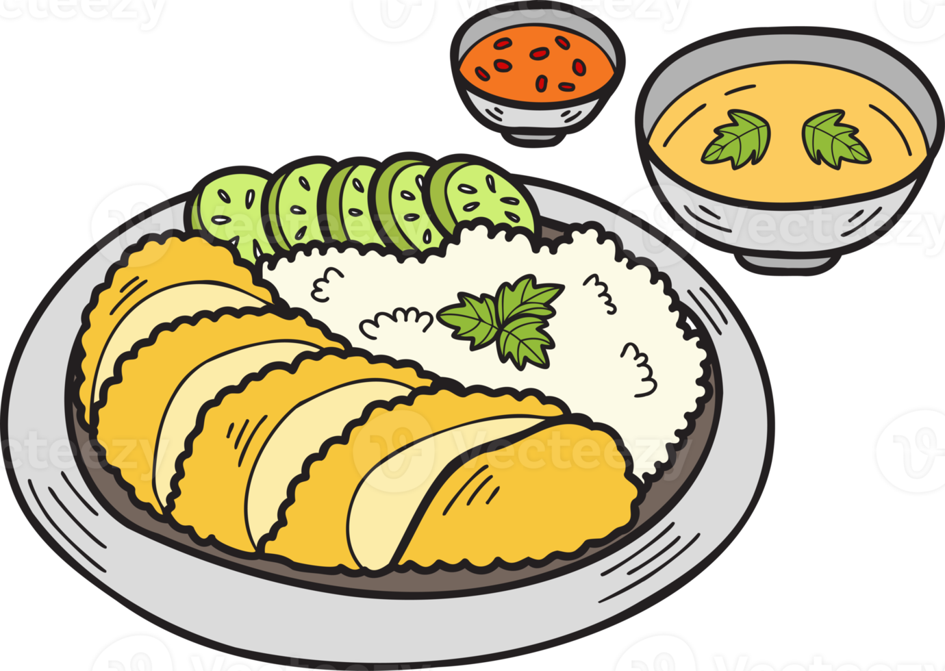 carne de porco frita desenhada à mão com arroz e sopa ilustração de comida chinesa e japonesa png