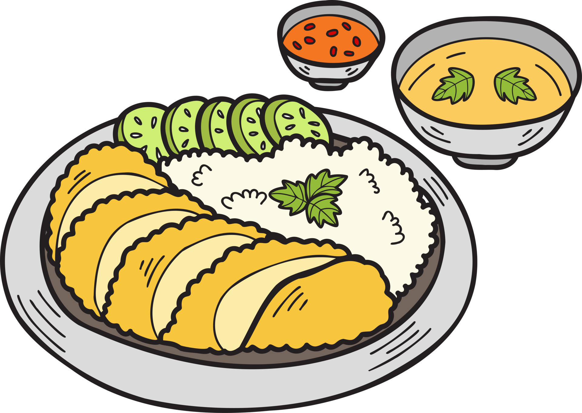 Hand Drawn Fried Pork with Rice and Soup Chinese and Japanese food