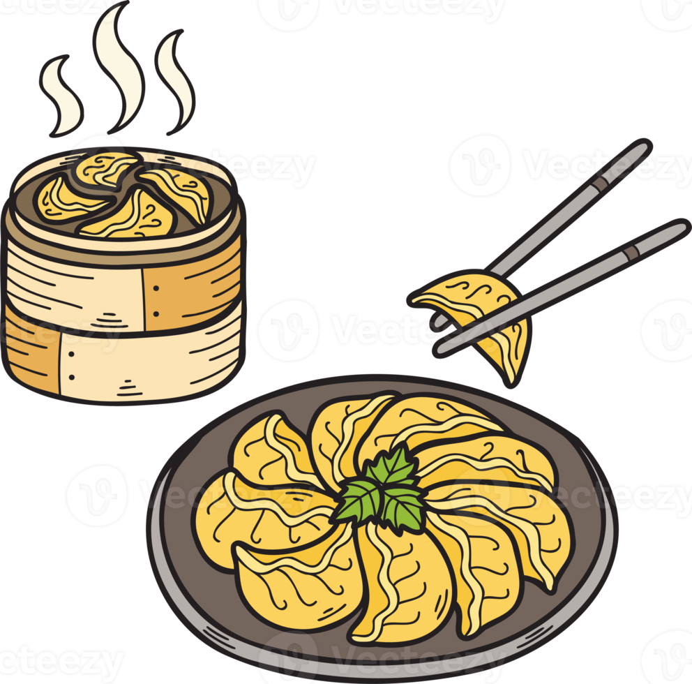 Hand Drawn Gyoza or dumplings with bamboo tray Chinese and Japanese food illustration png