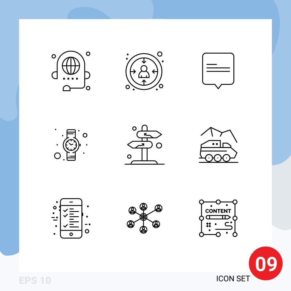 Editable Vector Line Pack of 9 Simple Outlines of sign board user watch hand watch Editable Vector Design Elements