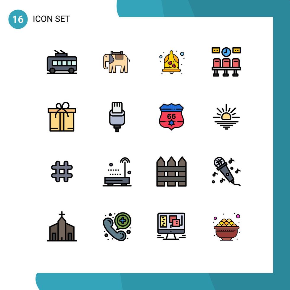 Pack of 16 creative Flat Color Filled Lines of box clock bell transportation seats Editable Creative Vector Design Elements