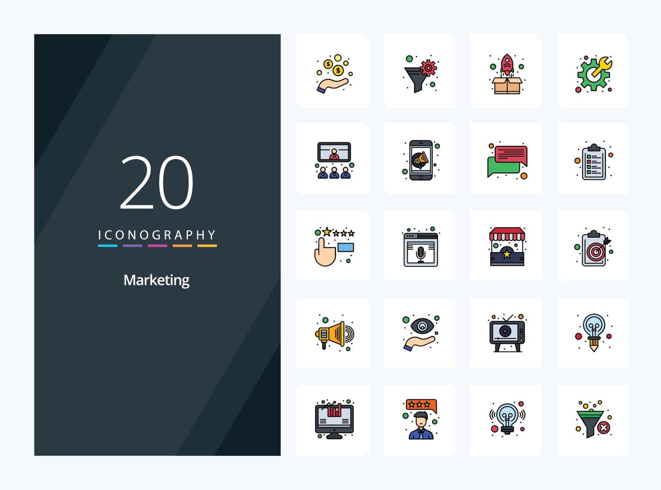 20 icono lleno de línea de marketing para presentación vector