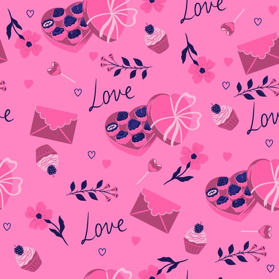 Seamless valentine's day pattern with heart shaped candy boxes. Vector graphics.