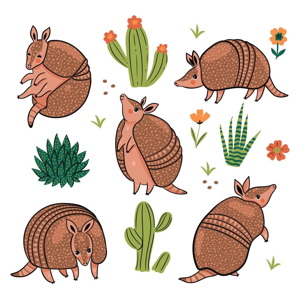 conjunto de lindos armadillos aislados sobre fondo blanco. gráficos vectoriales vector