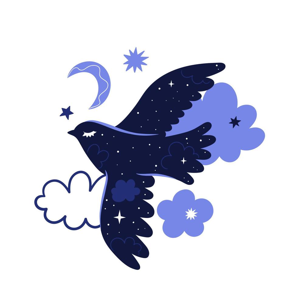 pájaro nocturno boho ingenuo funky arte de estilo dibujado a mano. gráficos vectoriales vector