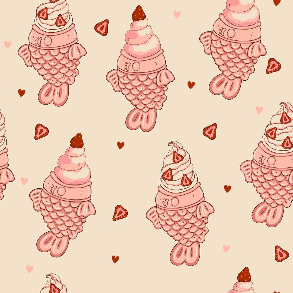 Seamless pattern with strawberry ice cream in taiyaki fish. Vector graphics.