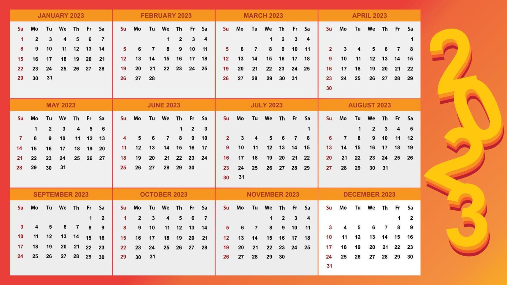 vector de calendario 2023. calendario 2023. plantilla de diseño de calendario de pared 2023. calendario de pared de 12 meses 2023. diseño de calendario de pared moderno para el año nuevo 2023. 2023