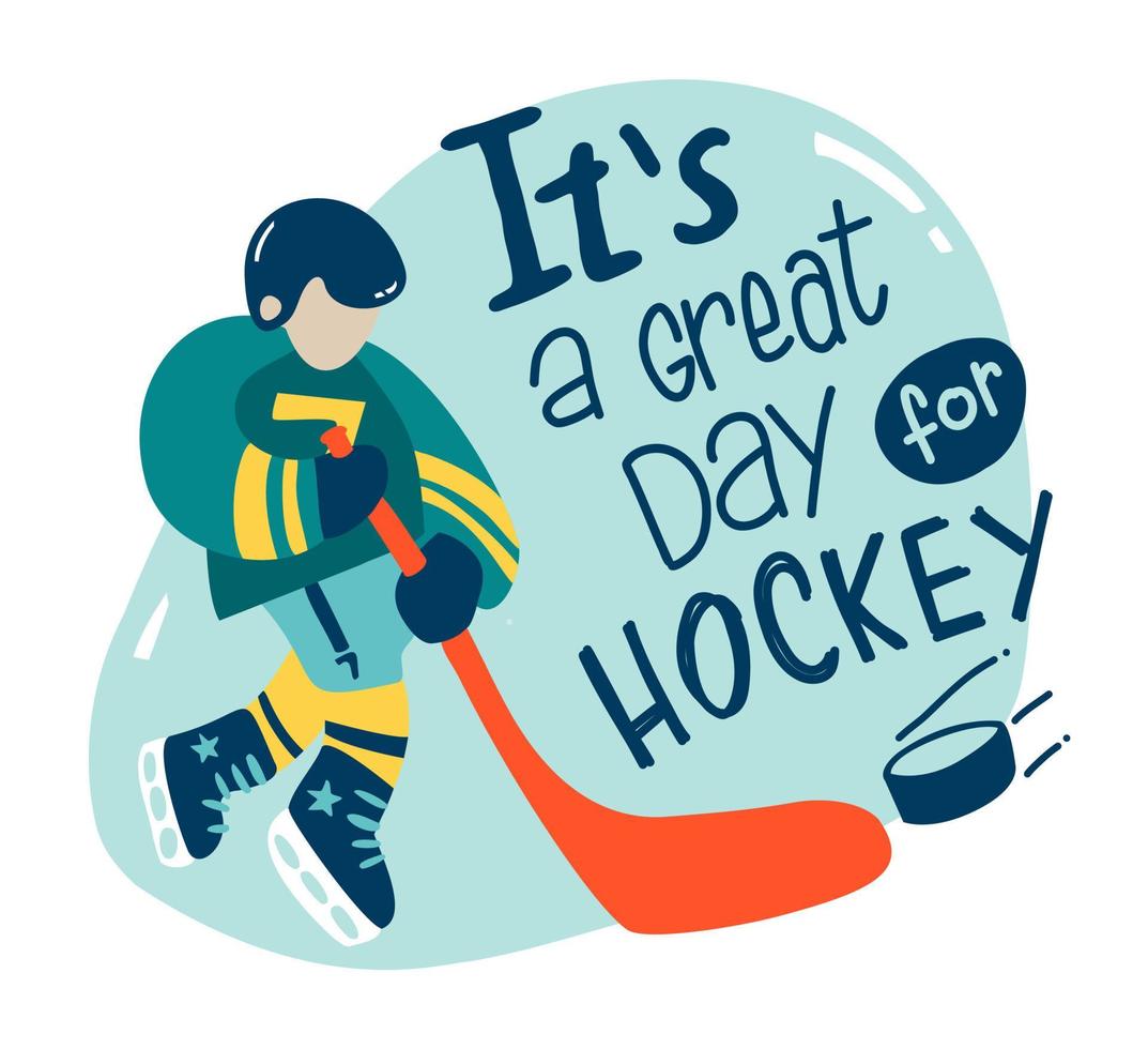 Flat Hockey Emblem with a goalie. Ice Hockey Label with motto and goalkeeper. Simple, doodle, cartoon, hand drawn vector