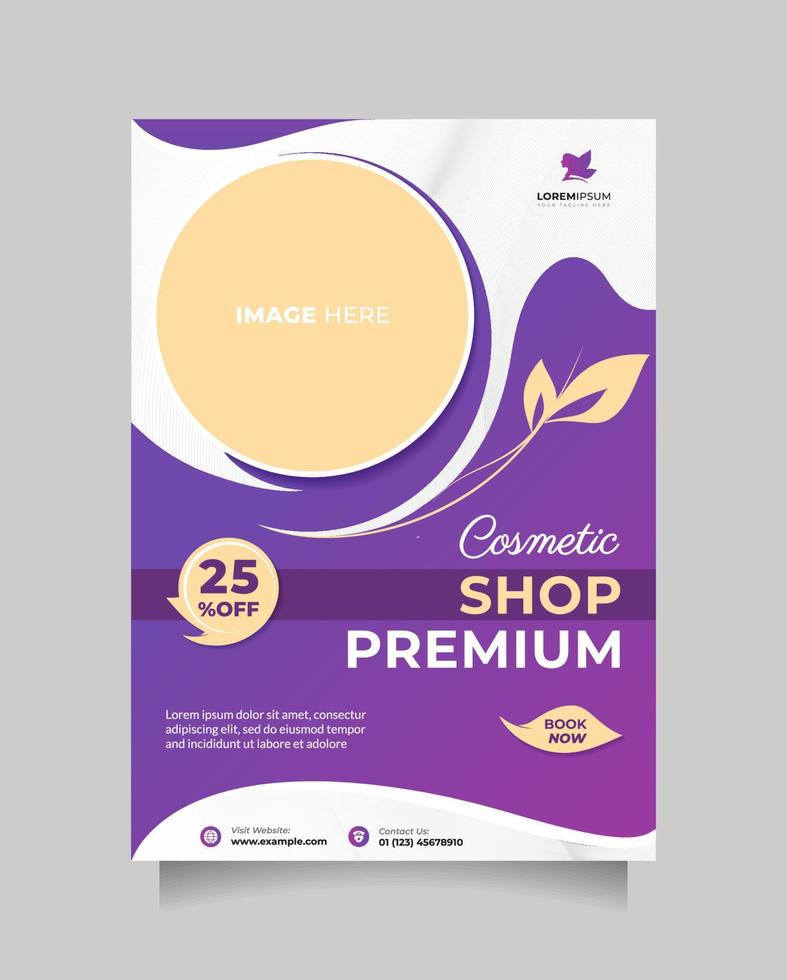 folleto de plantilla de centro cosmético de belleza y folleto con tamaño a4. hermoso afiche vectorial y diseño de pancartas para promover la venta de cosméticos, esteticista, clínica de piel sana, spa de salón, productos naturales, etc. vector