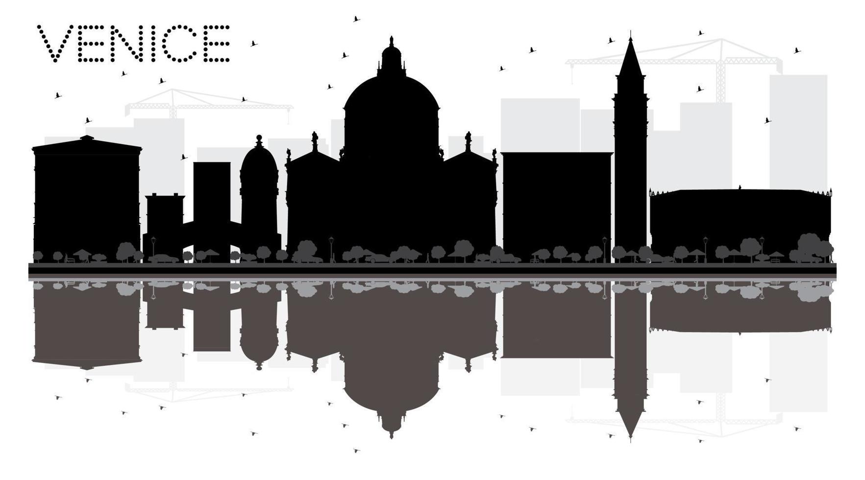 Venice City skyline black and white silhouette with reflection. vector