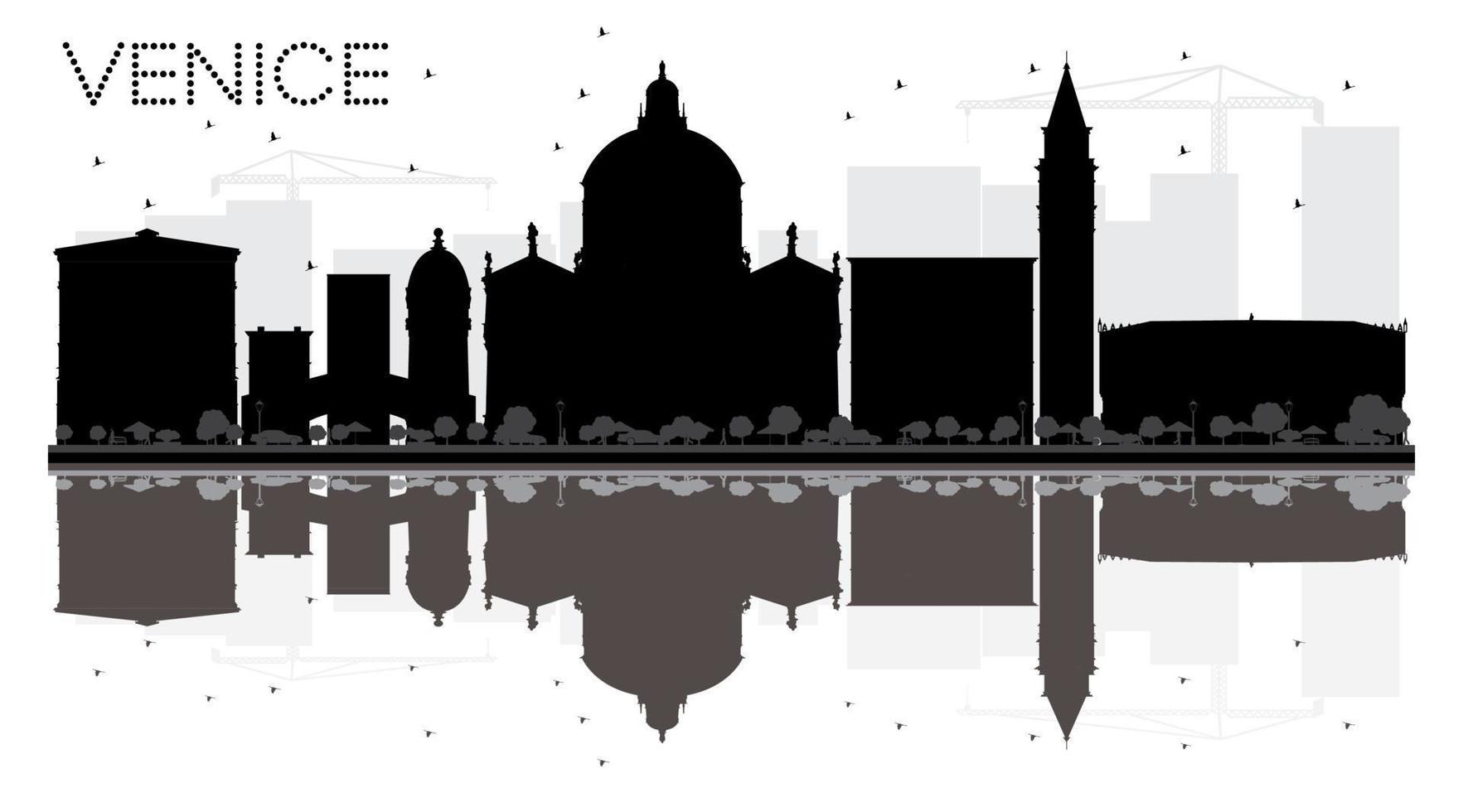 Silueta en blanco y negro del horizonte de la ciudad de Venecia con reflejo. vector