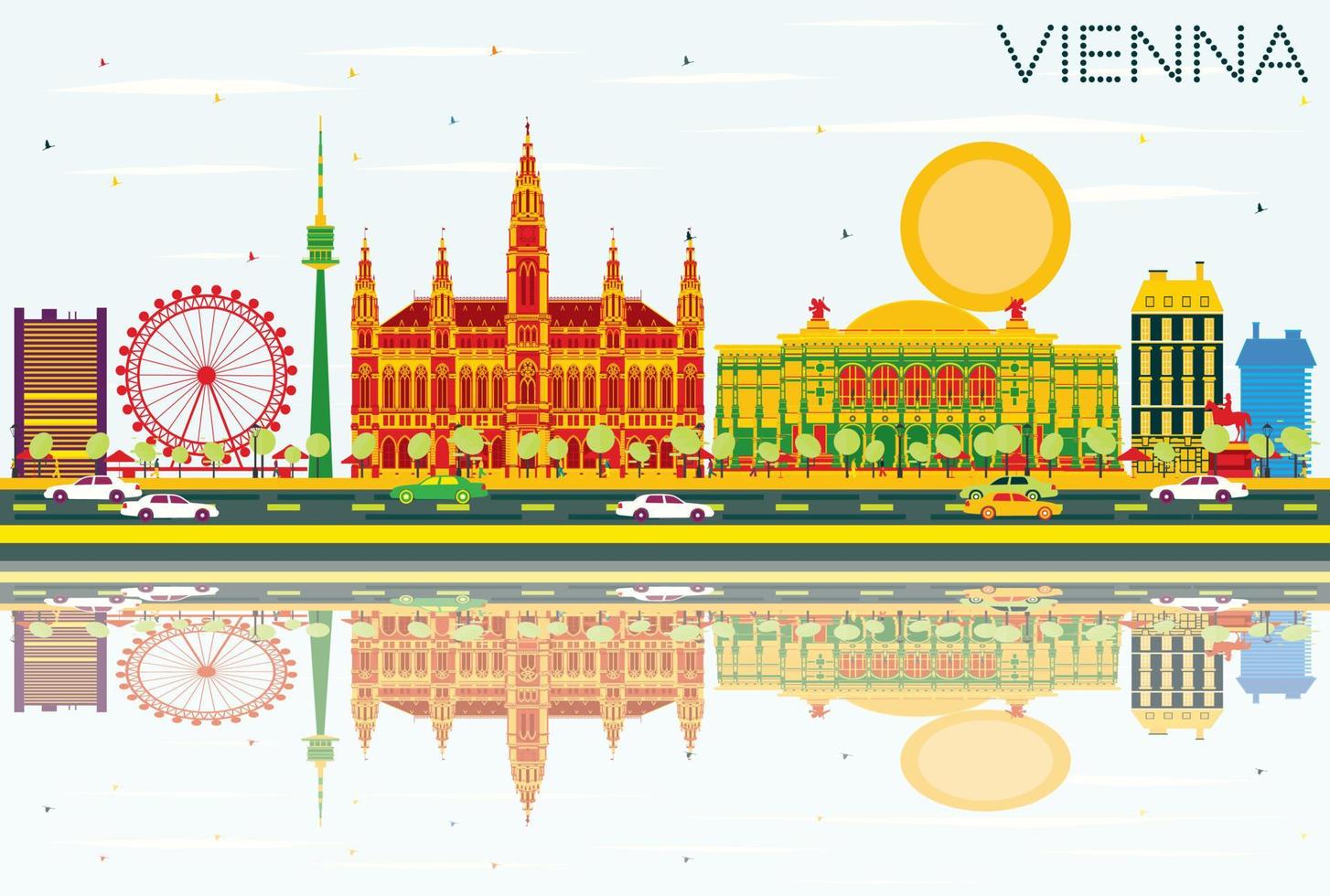 Vienna Skyline with Color Buildings, Blue Sky and Reflections. vector