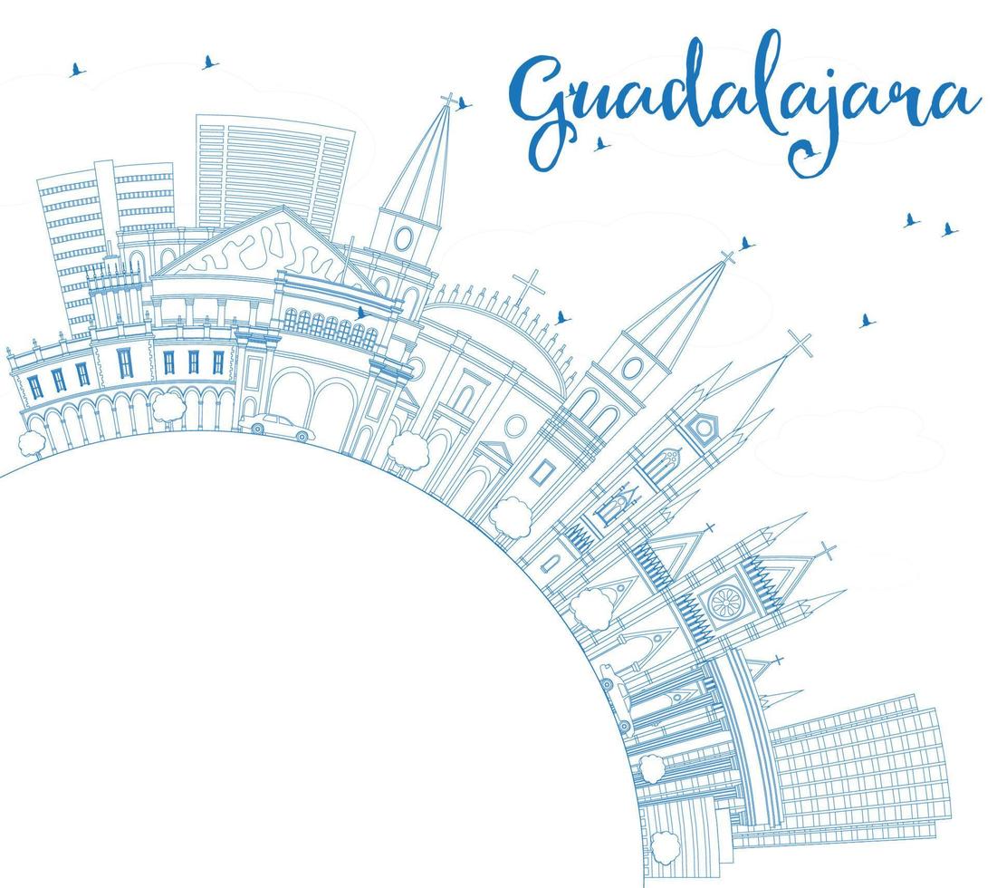 Outline Guadalajara Skyline with Blue Buildings and Copy Space. vector