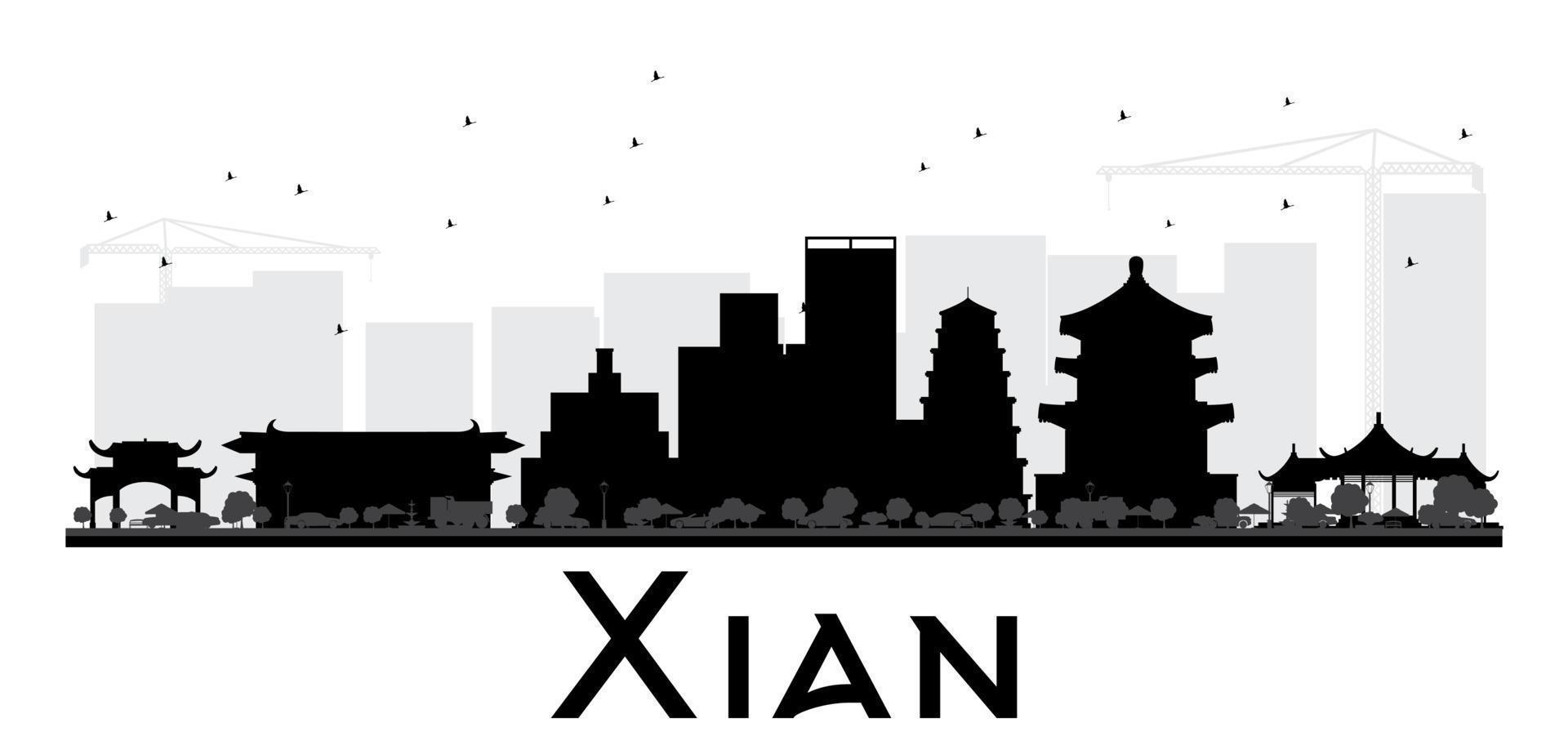 Xian City skyline black and white silhouette. vector