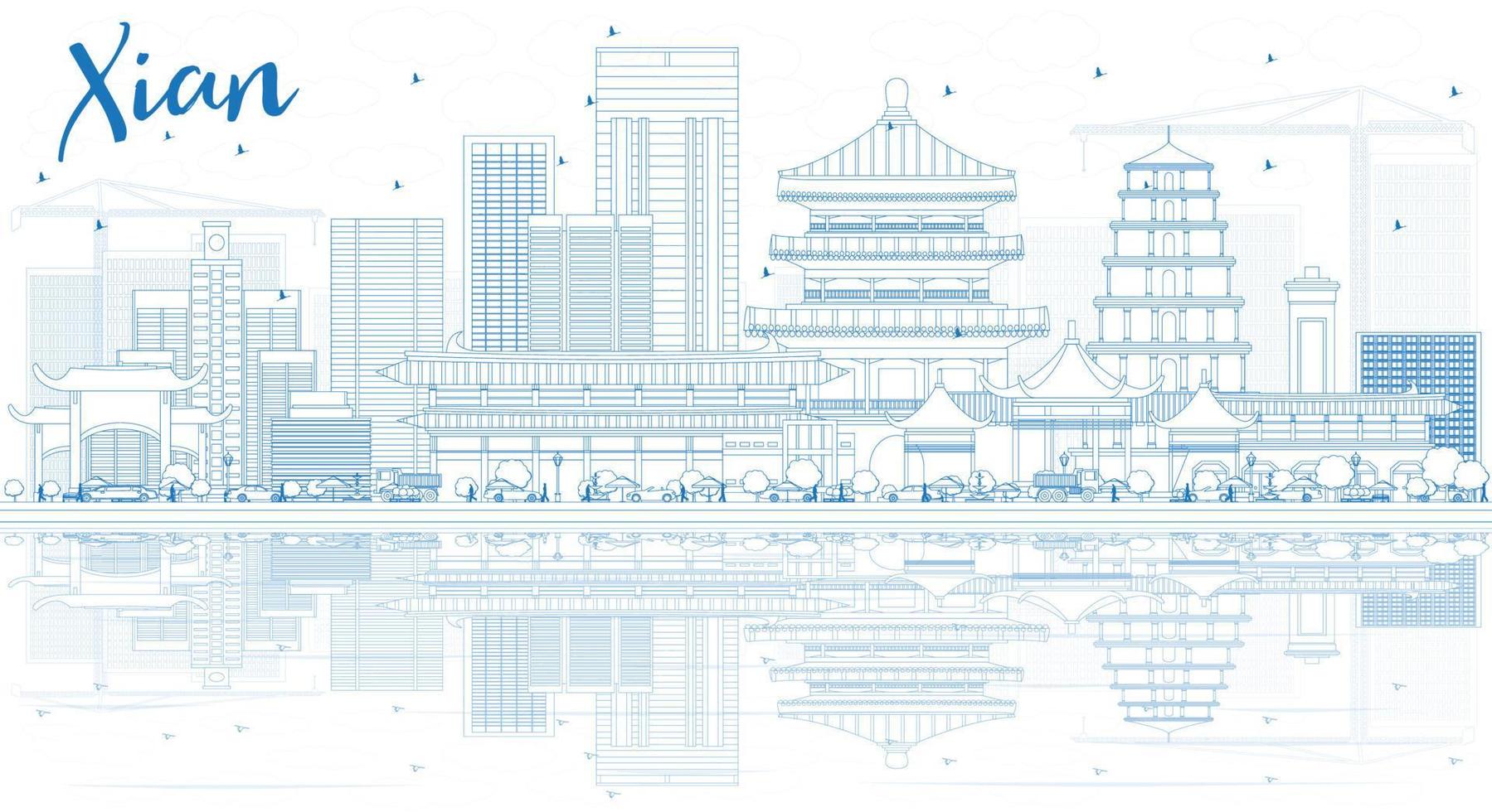 Outline Xian Skyline with Blue Buildings and Reflections. vector