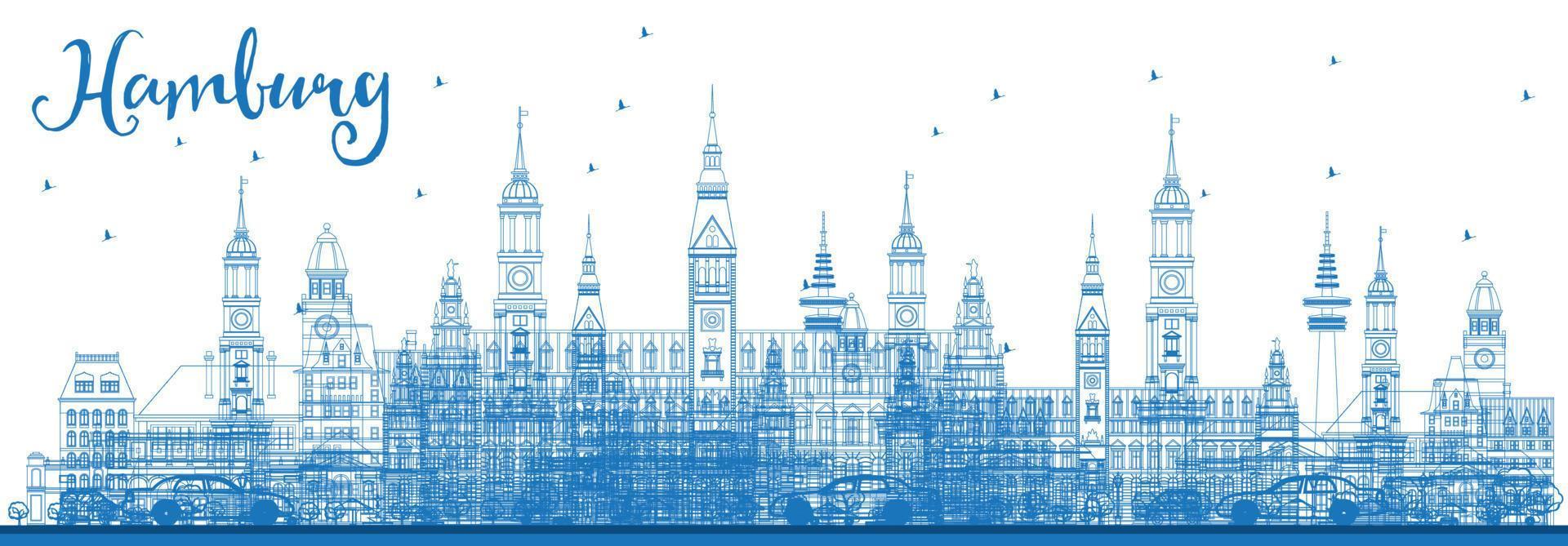 Outline Hamburg Skyline with Blue Buildings. vector