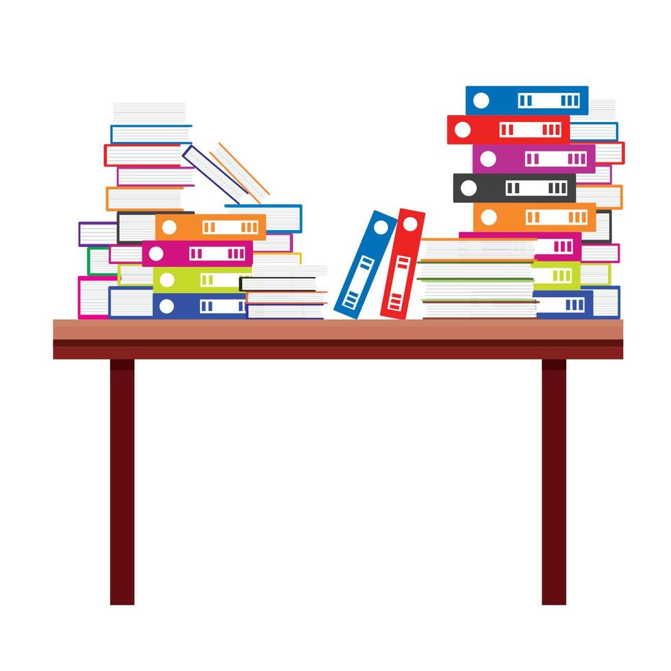 Pile of Books and Document File Folders on a Wooden Table. vector