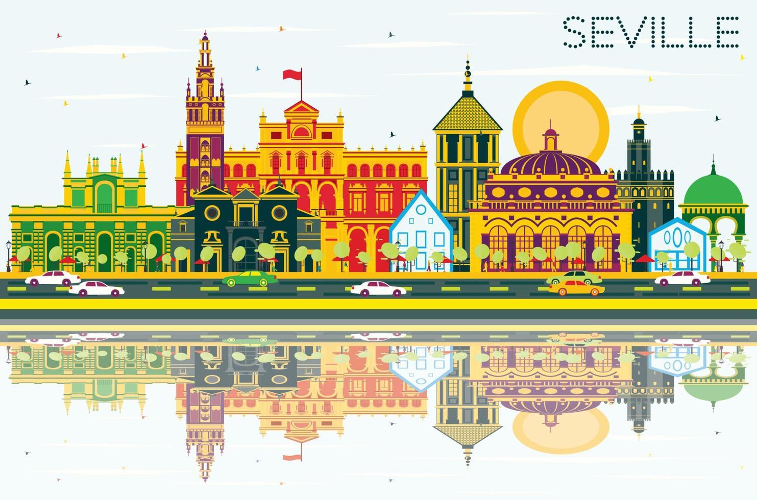 Seville Skyline with Color Buildings, Blue Sky and Reflections. vector
