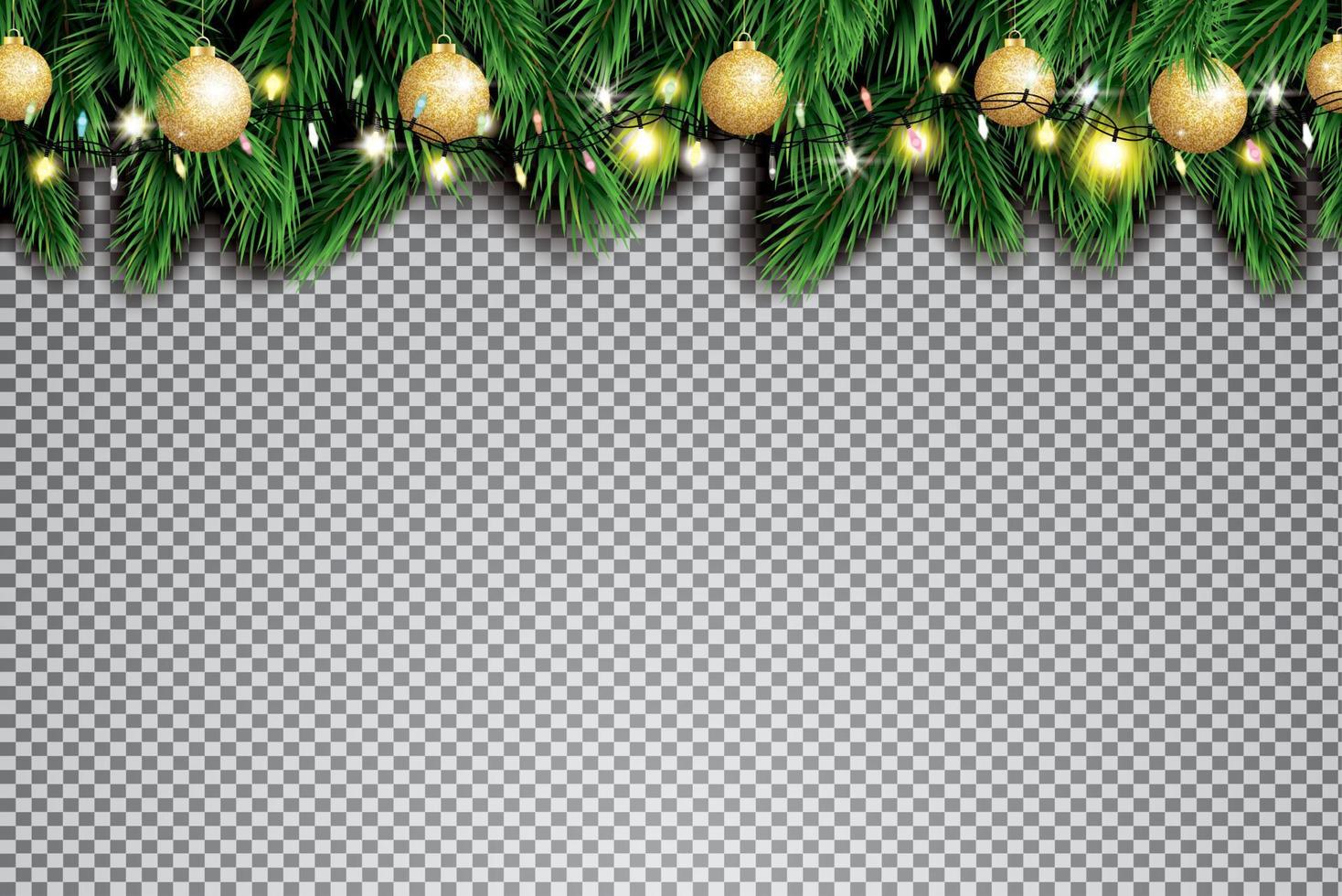 Fir Branch with Neon Lights and Golden Christmas Balls on Transparent Background. vector