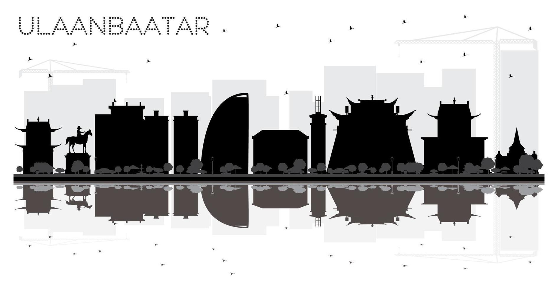 silueta en blanco y negro del horizonte de la ciudad de ulaanbaatar con reflejos. vector