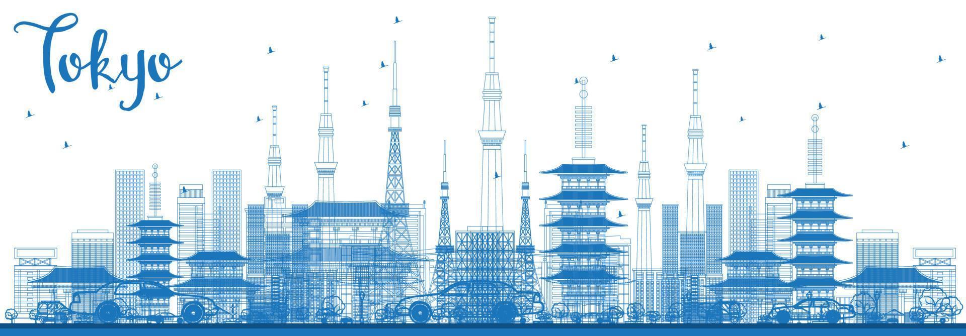 Outline Tokyo Skyline with Blue Buildings. vector