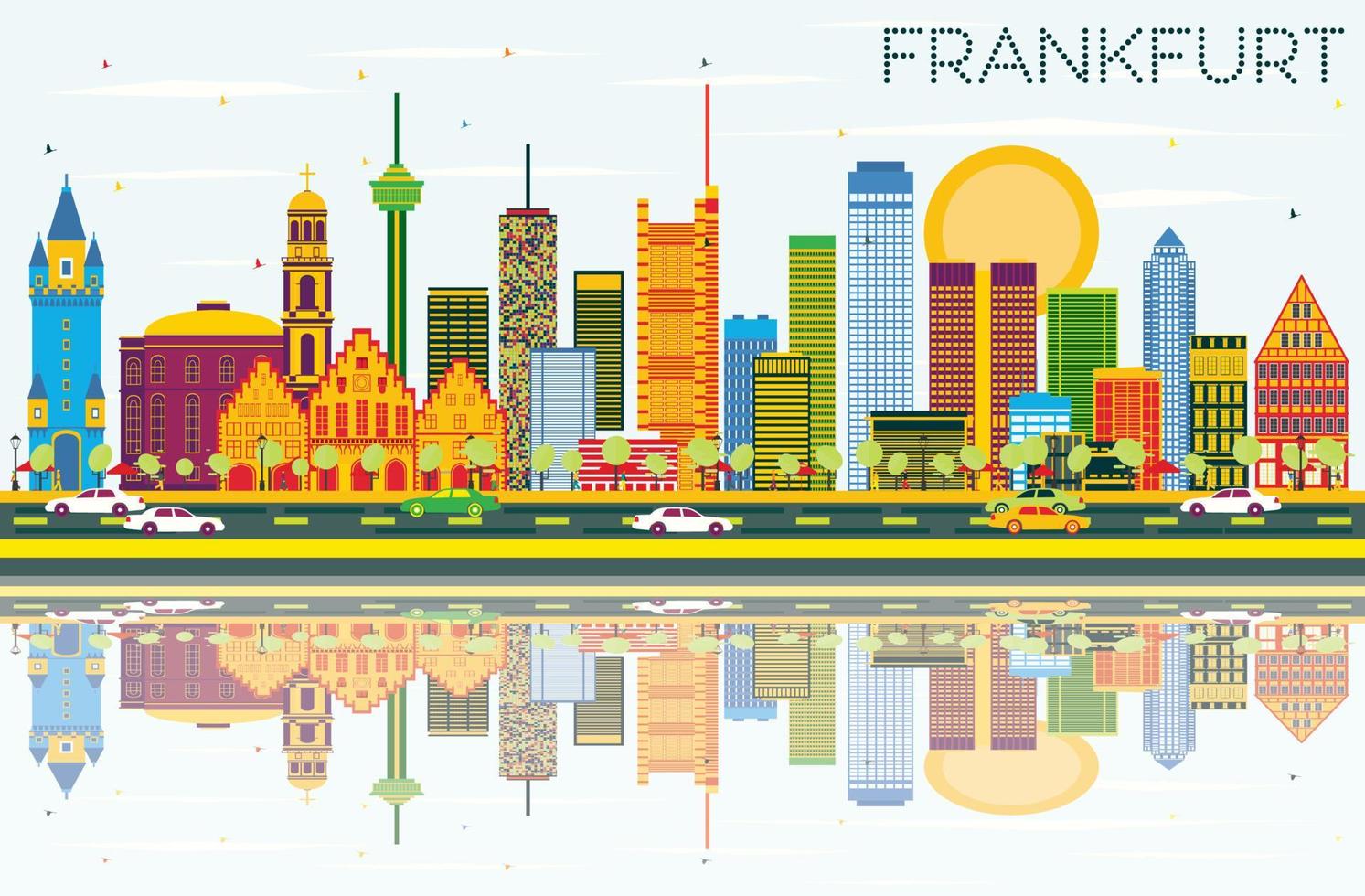Frankfurt Skyline with Color Buildings, Blue Sky and Reflections. vector