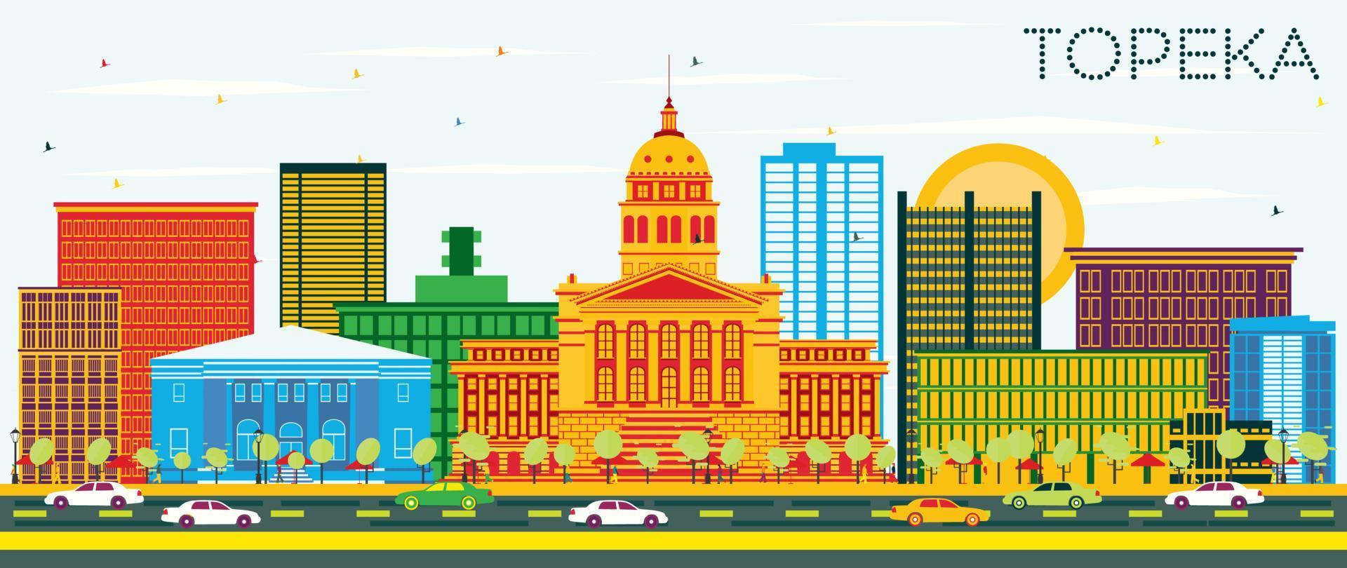 Topeka Kansas USA Skyline with Color Buildings and Blue Sky. vector