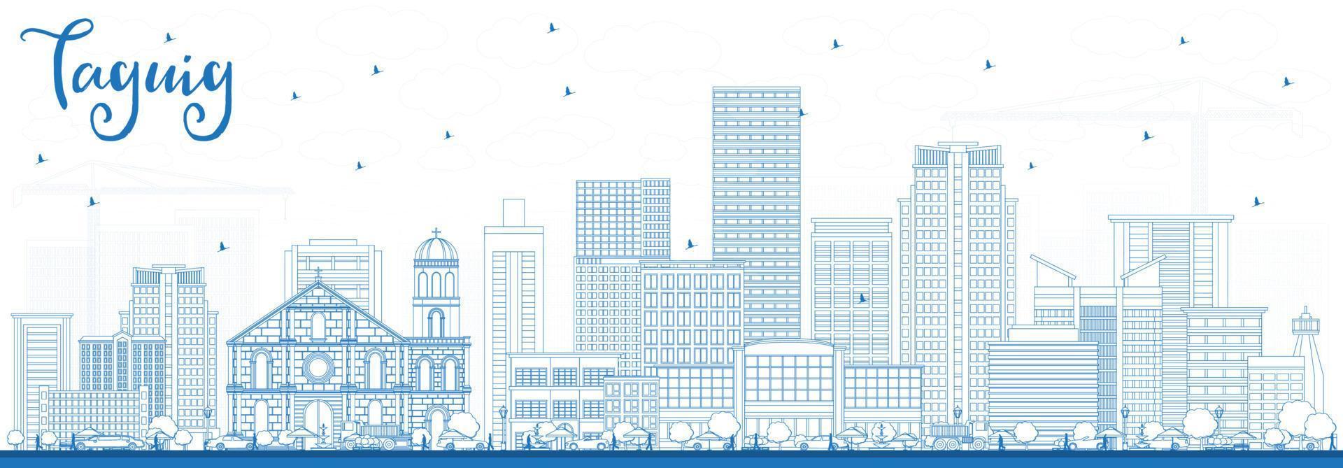 Outline Taguig Philippines Skyline with Blue Buildings. vector