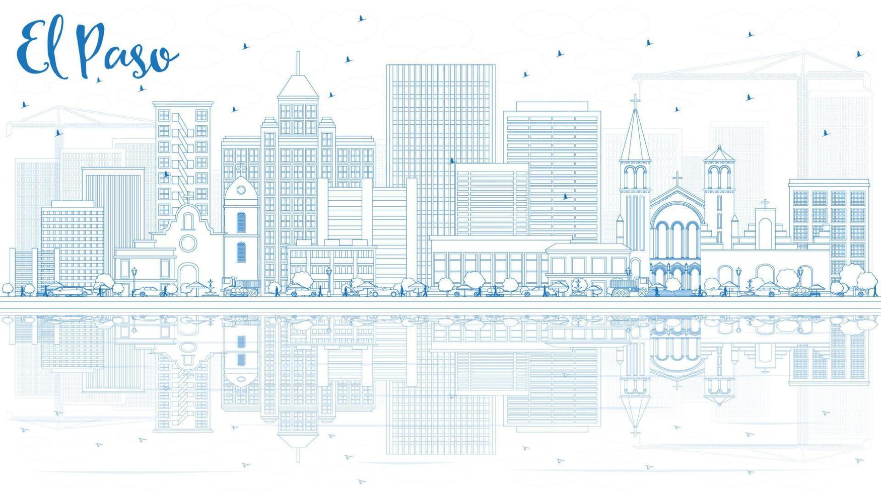 Outline El Paso Skyline with Blue Buildings and Reflections. vector