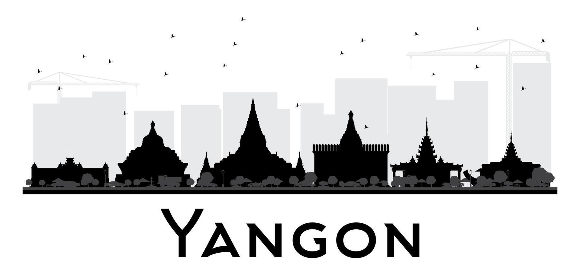 silueta en blanco y negro del horizonte de la ciudad de yangon. vector