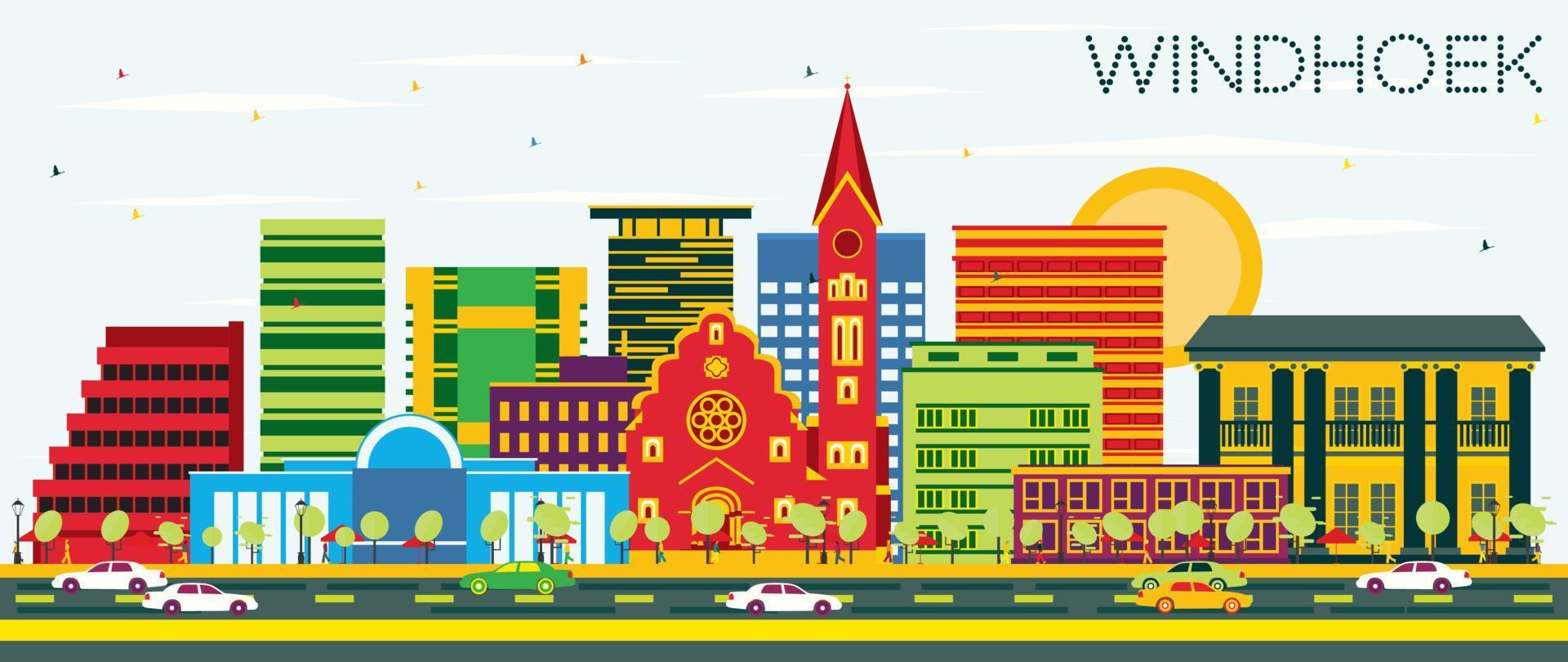 Windhoek Skyline with Color Buildings and Blue Sky. vector