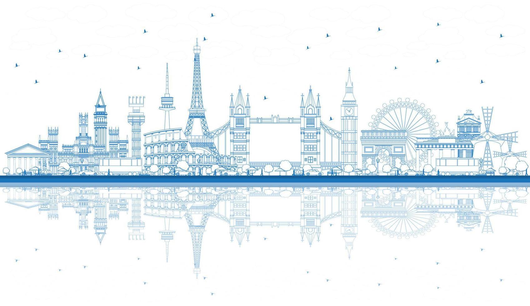 Outline Famous Landmarks in Europe with Reflections. vector