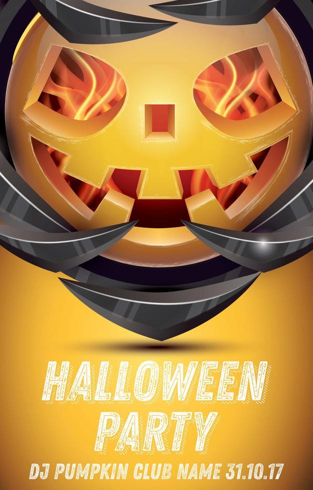 Halloween Pumpkin with Fire Flames on Armor. Halloween Party Flyer. vector