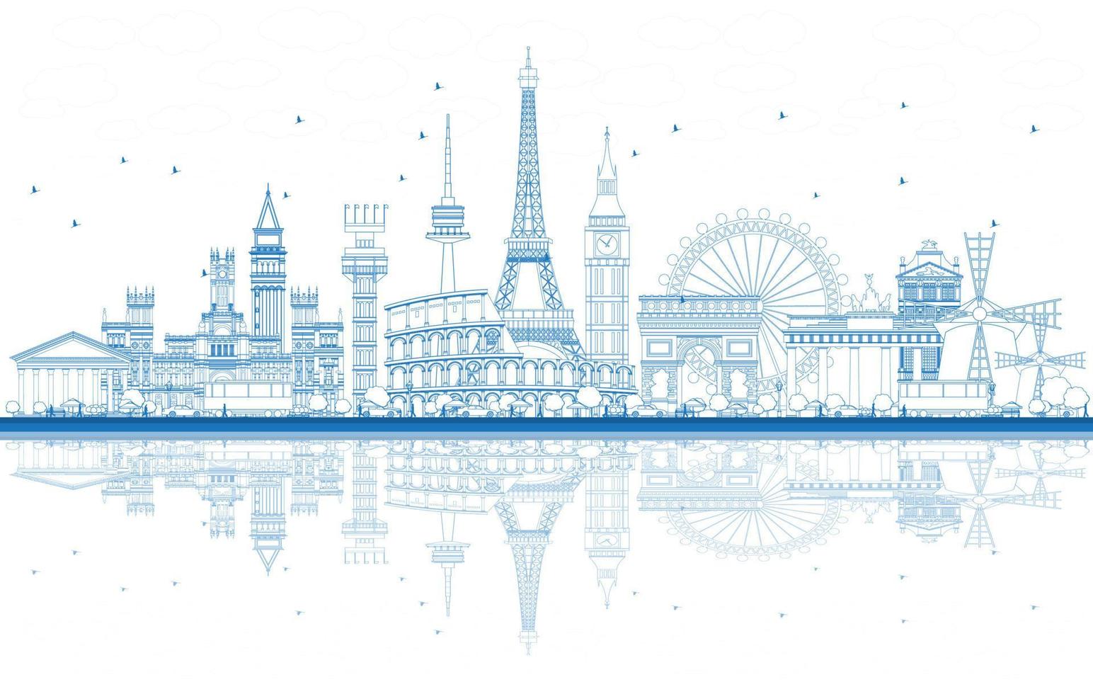 Outline Famous Landmarks in Europe with Reflections. vector