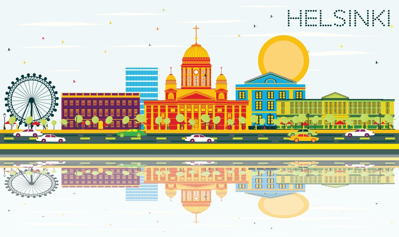 Helsinki Skyline with Color Buildings, Blue Sky and Reflections. vector