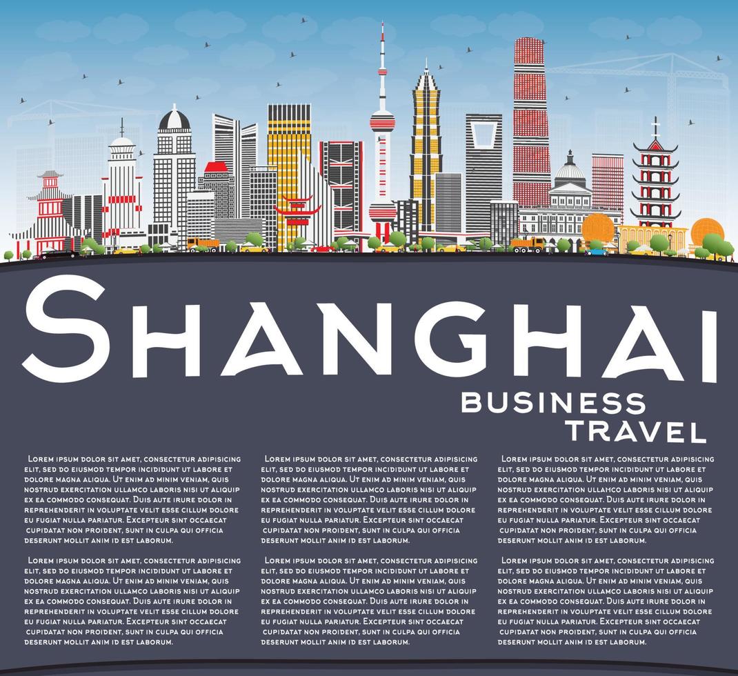 Shanghai China Skyline with Color Buildings, Blue Sky and Copy Space. vector