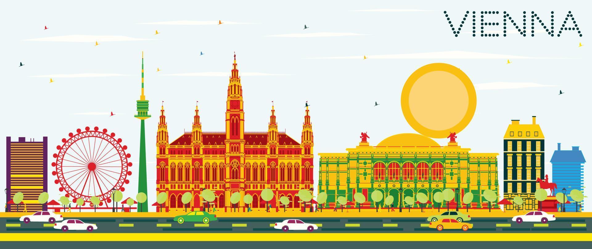 Vienna Skyline with Color Buildings and Blue Sky. vector
