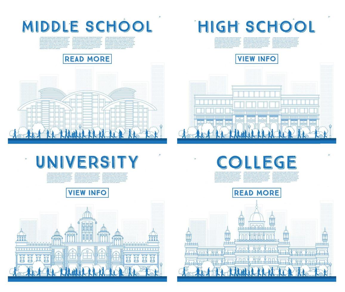 esbozar un conjunto de banners de estudios universitarios, secundarios y universitarios. vector