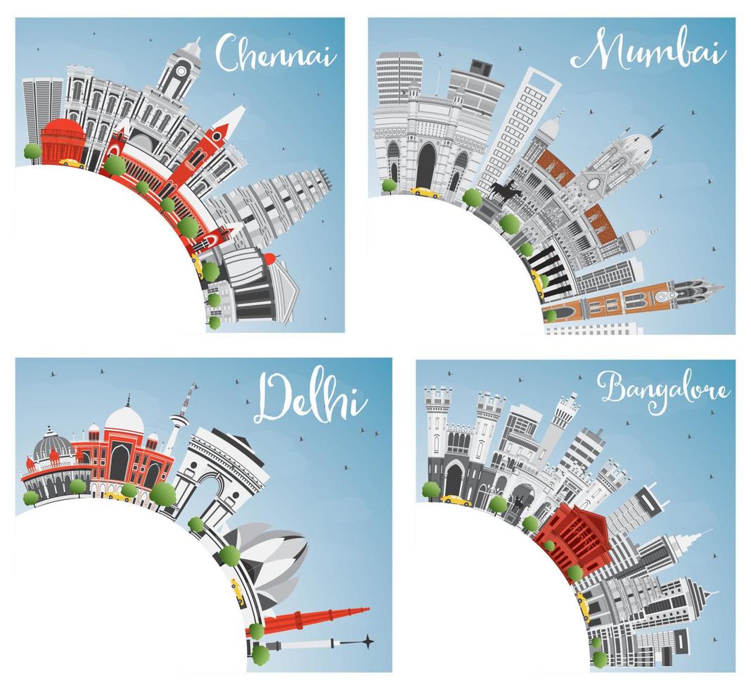 Chennai, Mumbai, Delhi and Bangalore City Skyline with Gray Landmarks, Blue Sky and Copy Space. vector