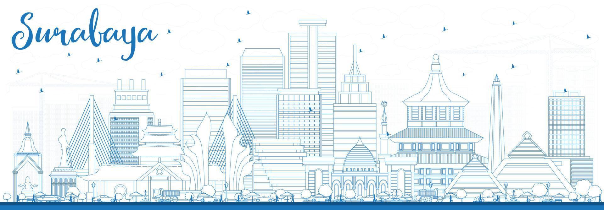 delinear el horizonte de surabaya con edificios azules. vector