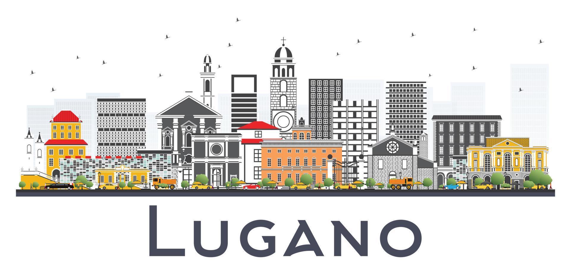 horizonte de lugano suiza con edificios grises aislados sobre fondo blanco. vector