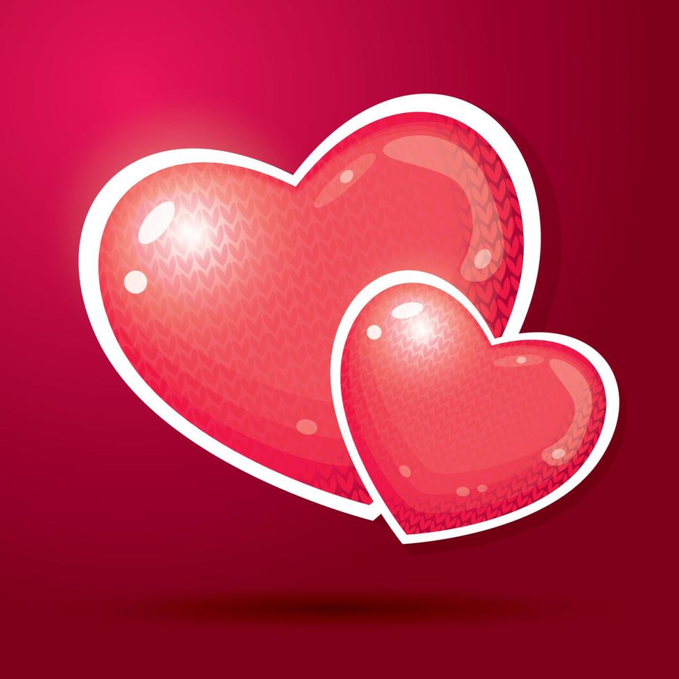Two Red Hearts with Knitted Pattern. vector