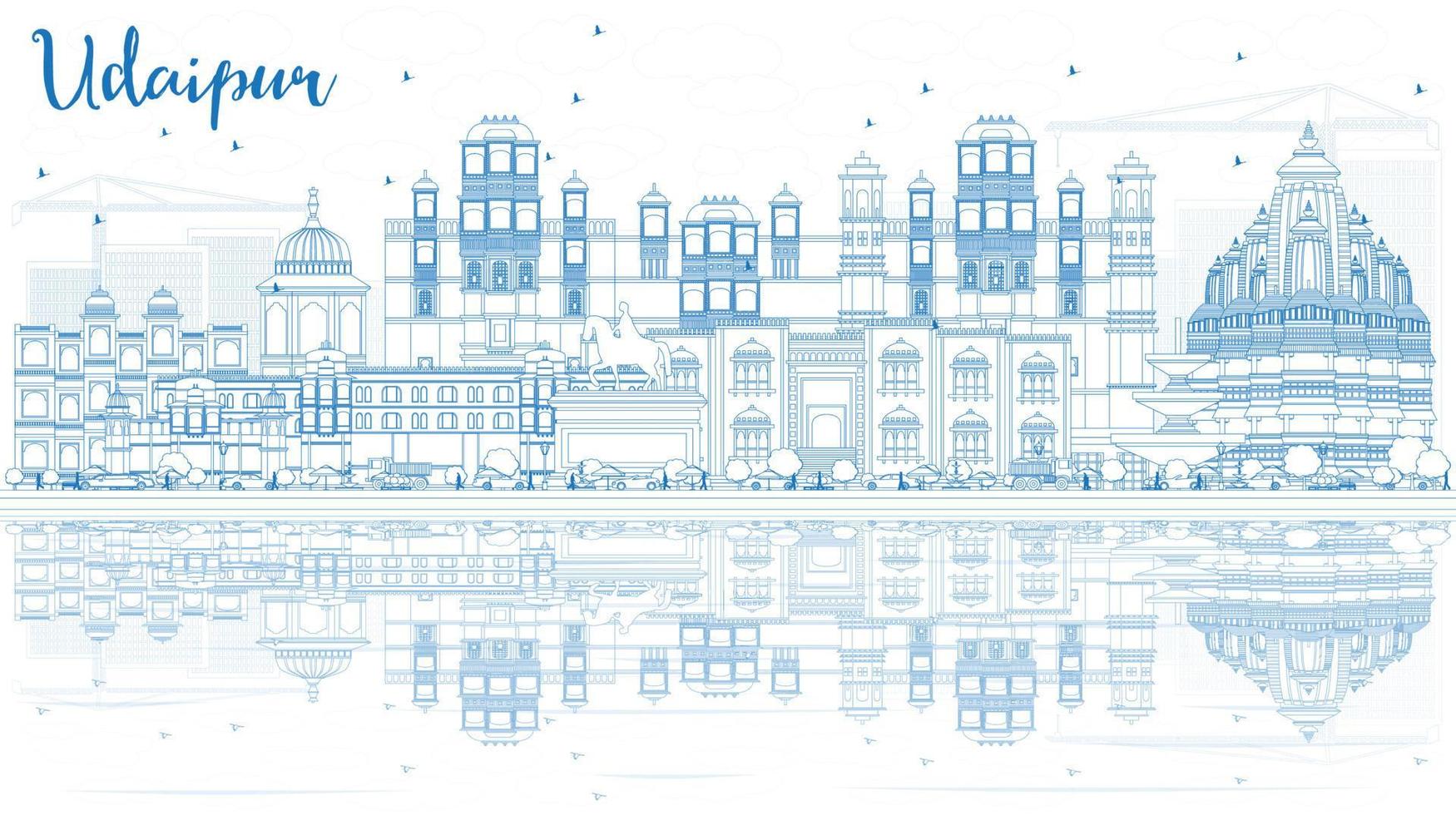 Outline Udaipur India Skyline with Blue Buildings and Reflections. vector