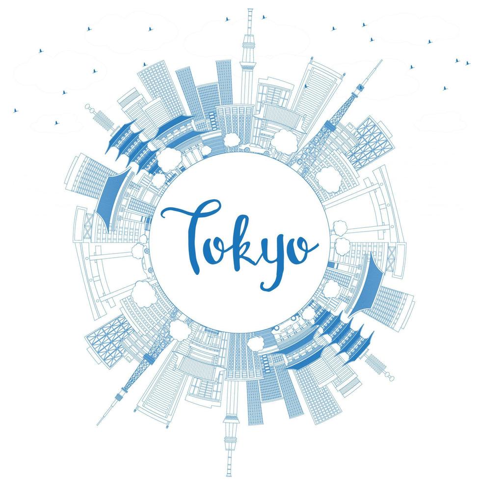 Outline Tokyo Skyline with Blue Buildings and Copy Space. vector