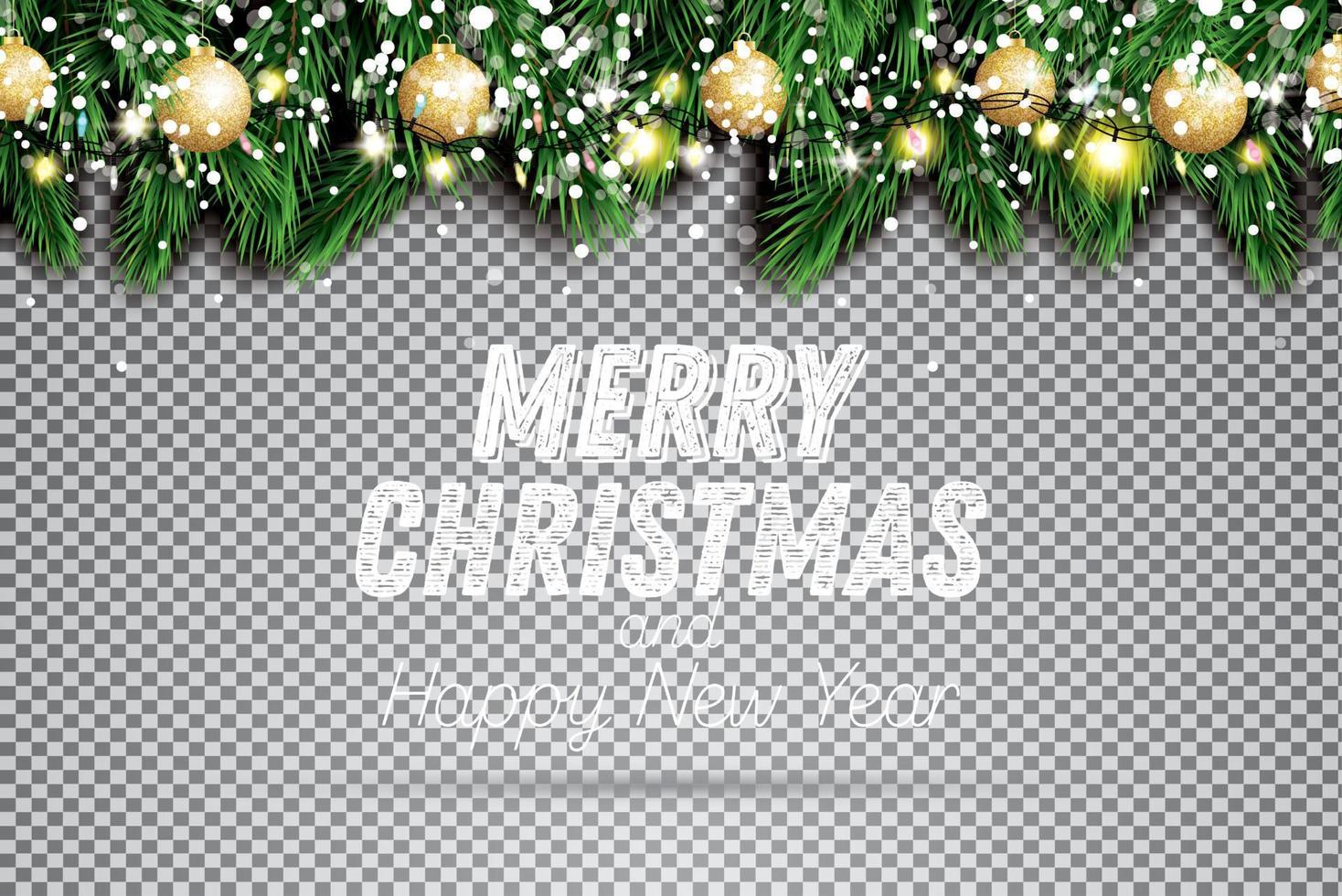 Fir Branch with Neon Lights, Golden Christmas Balls and Snow on Transparent Background. vector