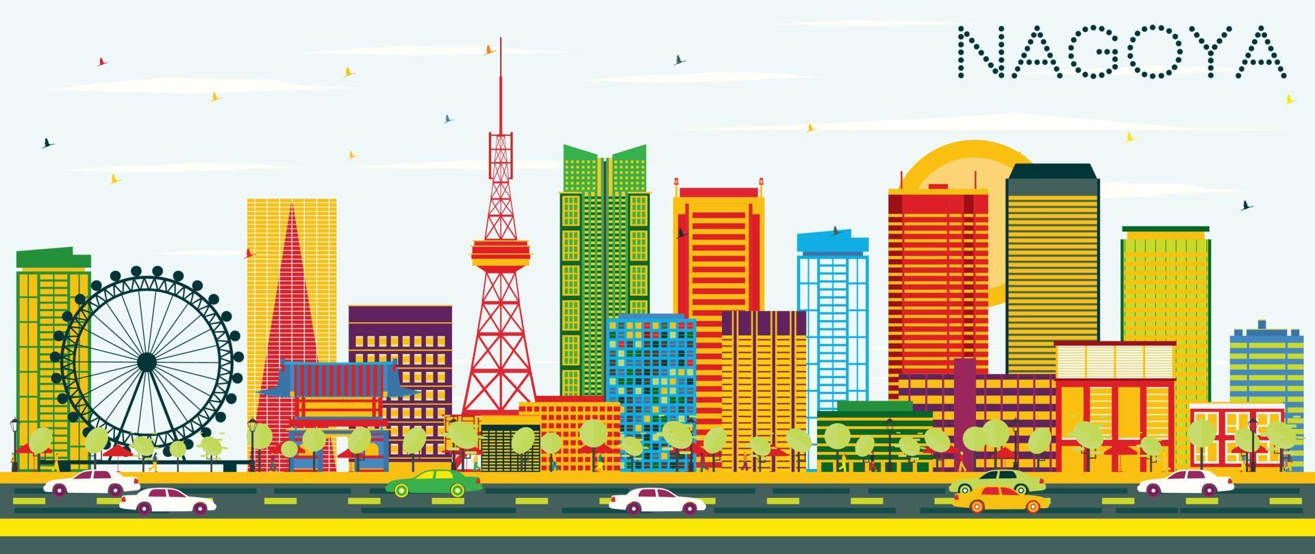 Nagoya Skyline with Color Buildings and Blue Sky. vector