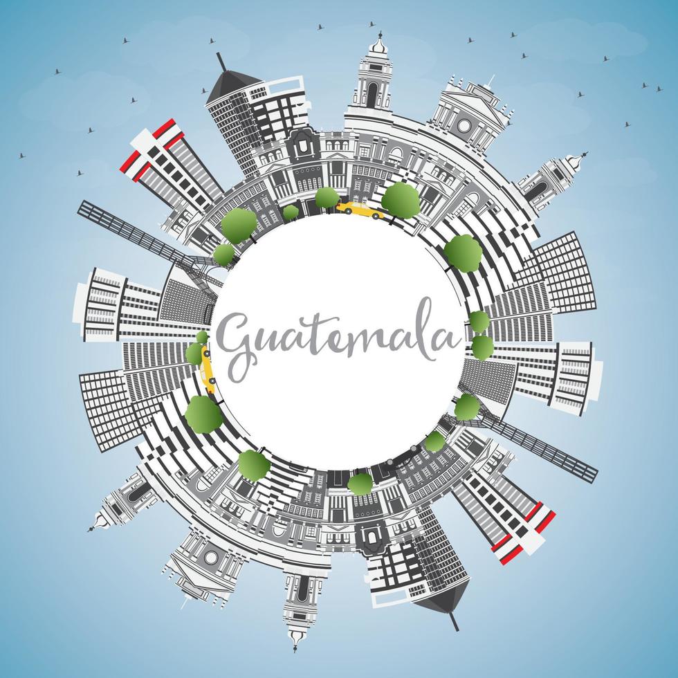 horizonte de guatemala con edificios grises, cielo azul y espacio para copiar. vector