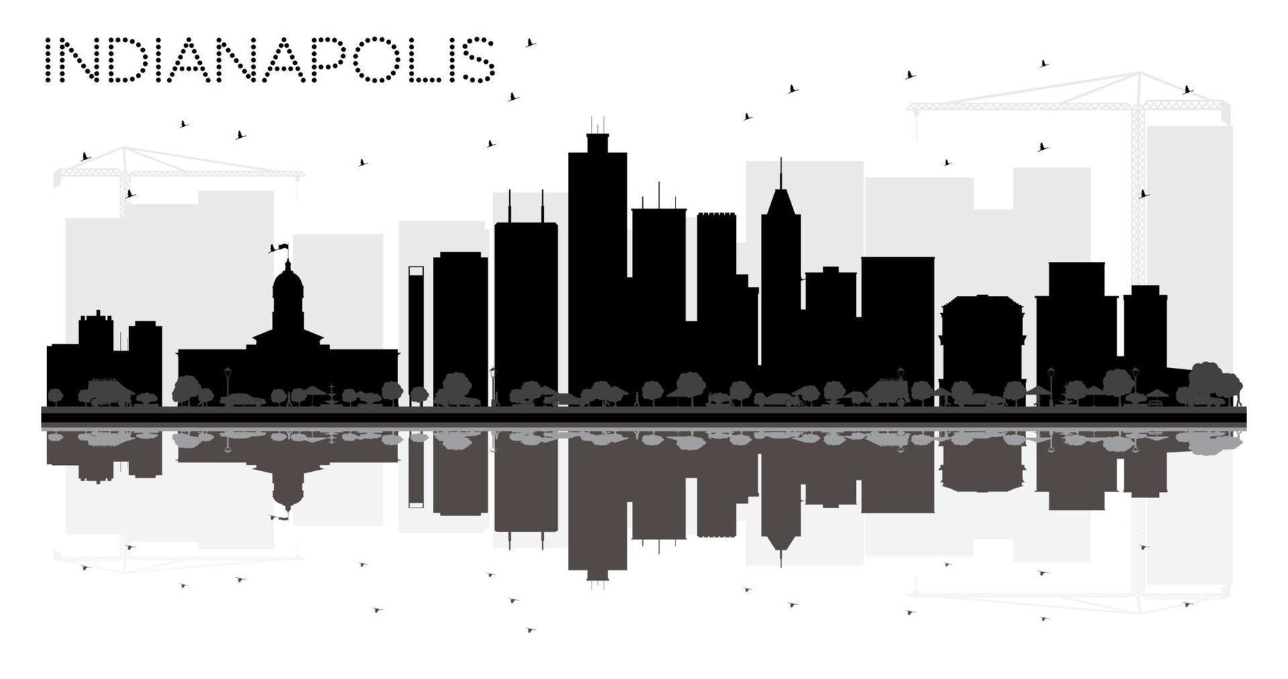 Silueta en blanco y negro del horizonte de la ciudad de Indianápolis con reflejos. vector